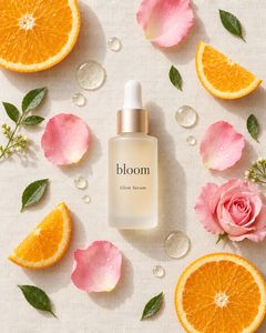 Ingredients flat lay: glow serum ingredients